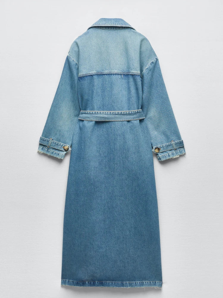 Trench Long en Denim Croisé avec Ceinture