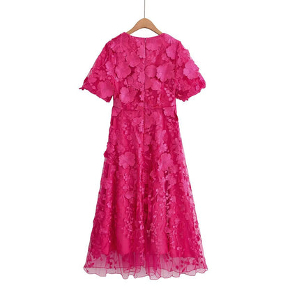 Robe Midi Fuchsia à Fleurs 3D