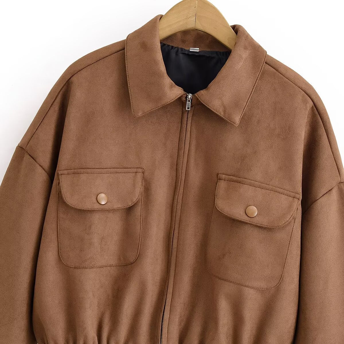 Veste Courte Effet Daim Zippée avec Poches