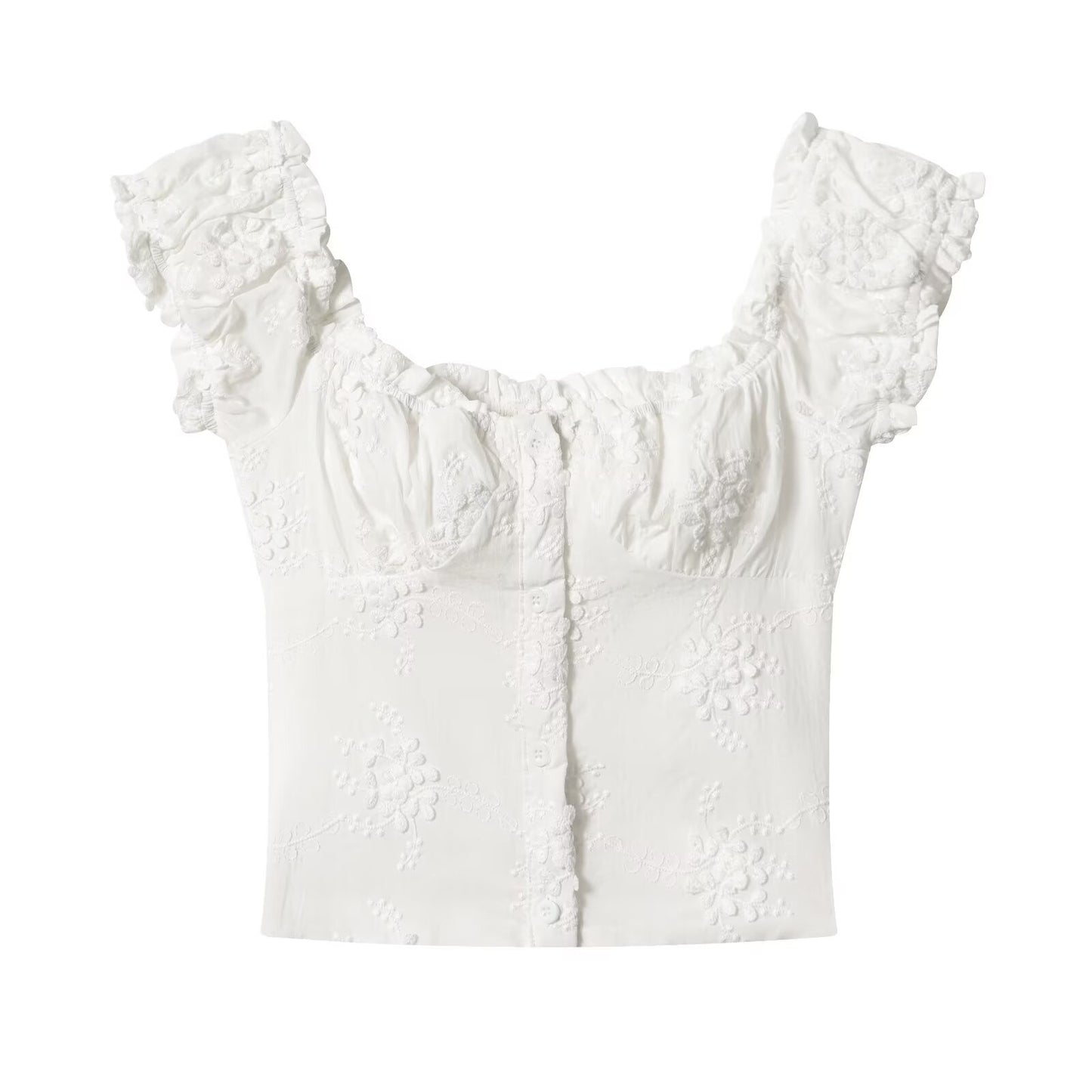 Top Court Milkmaid Blanc Brodé à Épaules Dénudées™