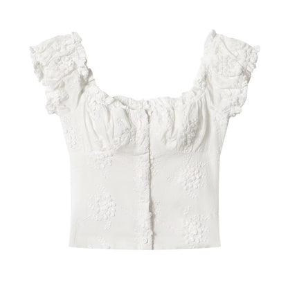Top Court Milkmaid Blanc Brodé à Épaules Dénudées™