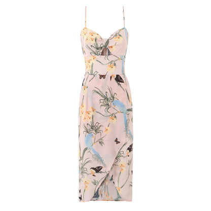 Robe Midi Imprimé Tropical Oiseaux & Fleurs avec Fente