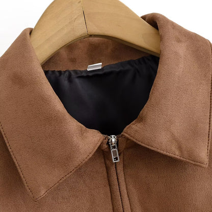 Veste Courte Effet Daim Zippée avec Poches
