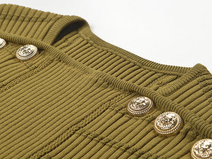 Top Court Maille Côtelée Kaki avec Boutons Dorés