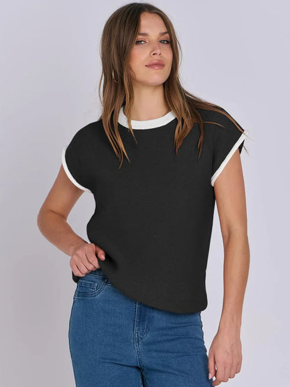 Top Maille Rayé Manches Cap avec Finitions Contrastées