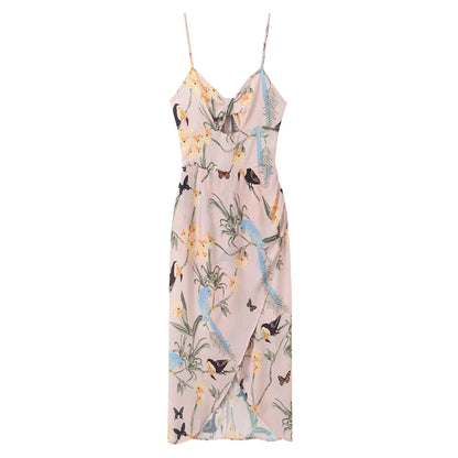 Robe Midi Imprimé Tropical Oiseaux & Fleurs avec Fente
