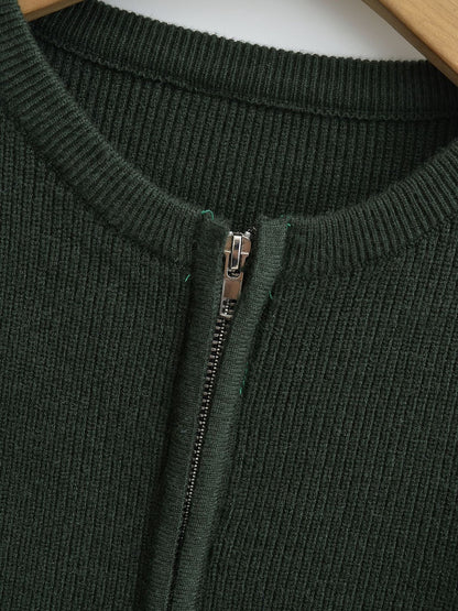 Cardigan Côtelé Zippé Vert Forêt