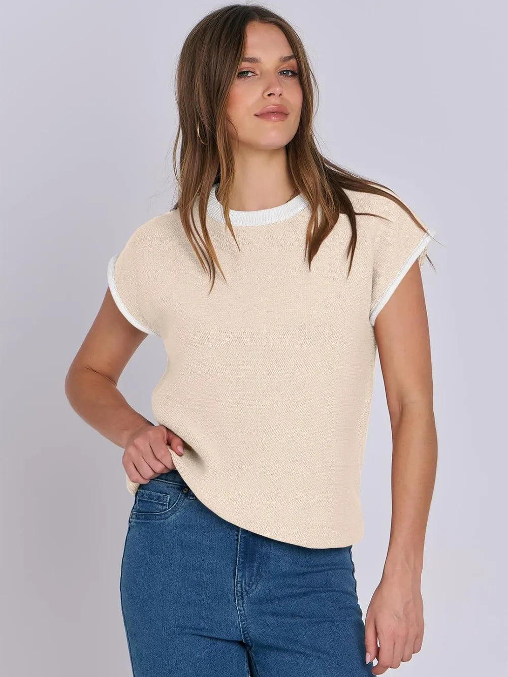 Top Maille Rayé Manches Cap avec Finitions Contrastées