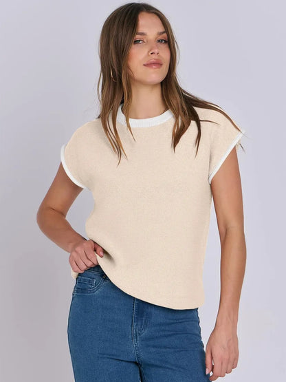 Top Maille Rayé Manches Cap avec Finitions Contrastées