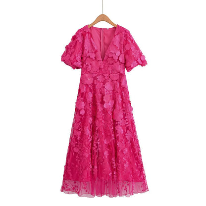 Robe Midi Fuchsia à Fleurs 3D