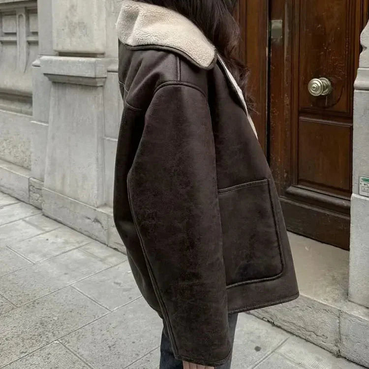 Veste Oversize à Col Réversible en Fausse Fourrure