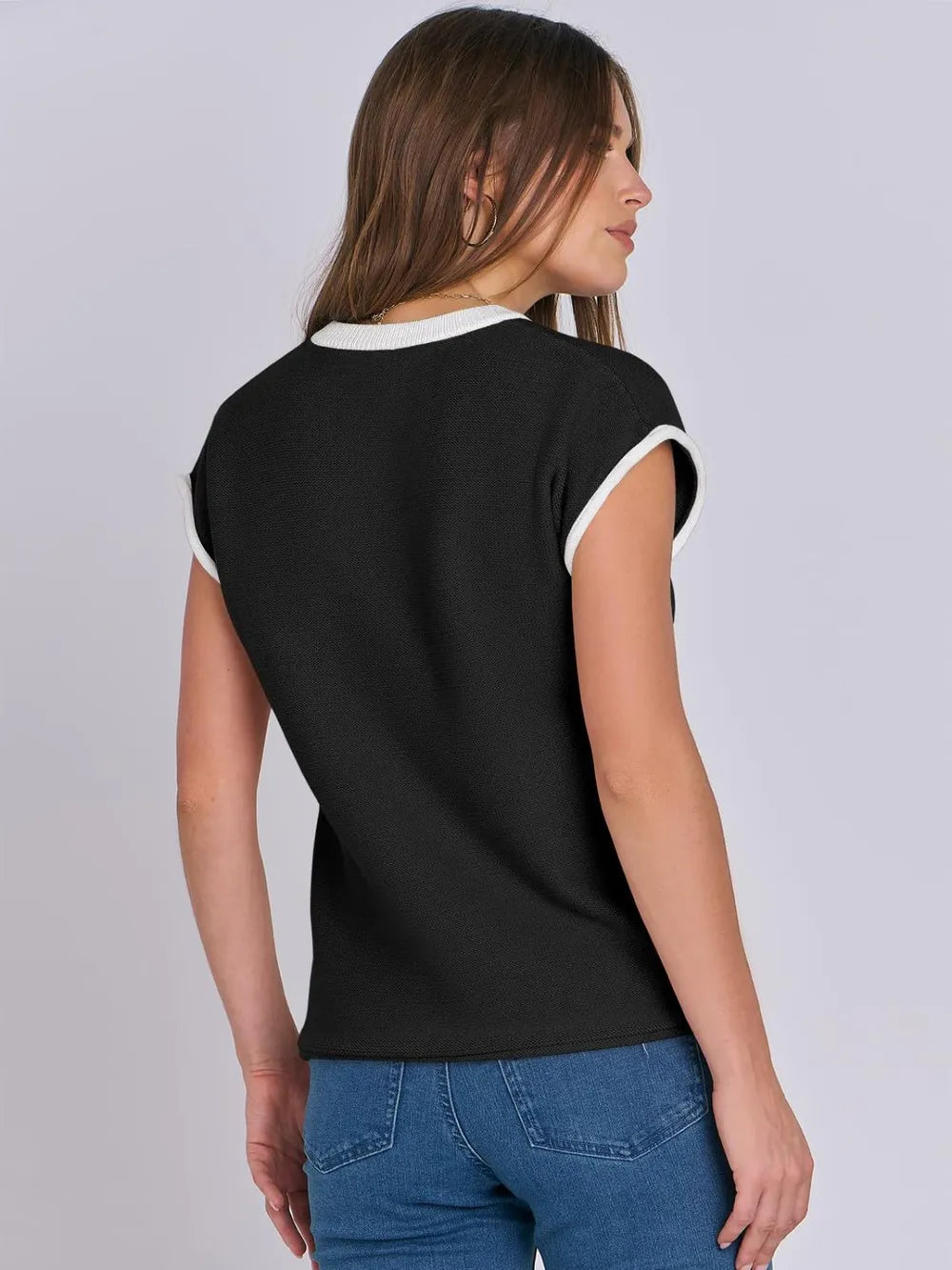 Top Maille Rayé Manches Cap avec Finitions Contrastées