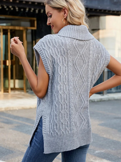 Pull Sans Manches Col Roulé en Maille Torsadée