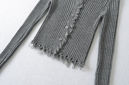 Cardigan Court Côtelé Noir à Décolleté V Distress