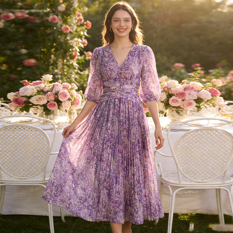 Robe Midi Chiffon Fleurie Violet