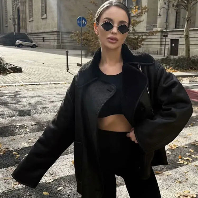 Veste Oversize à Col Réversible en Fausse Fourrure