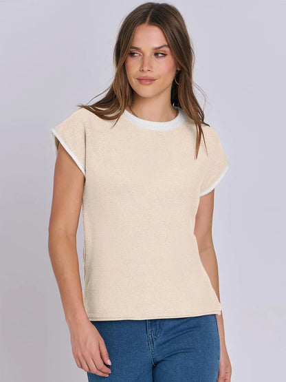 Top Maille Rayé Manches Cap avec Finitions Contrastées