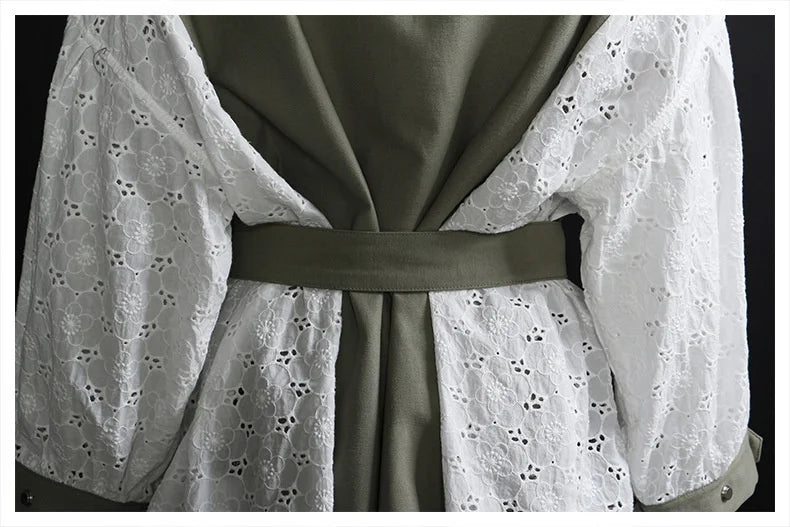 Veste Courte Kaki à Manches Dentelle & Ceinture