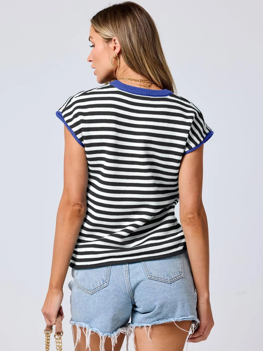 Top Maille Rayé Manches Cap avec Finitions Contrastées