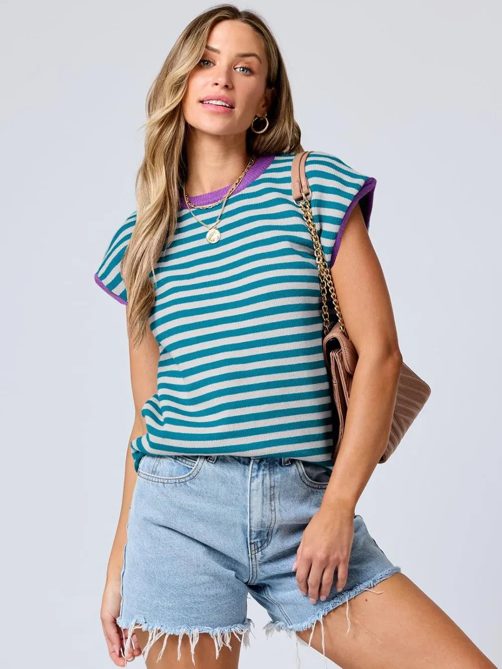 Top Maille Rayé Manches Cap avec Finitions Contrastées