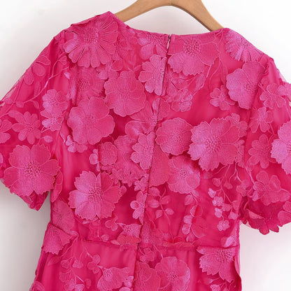 Robe Midi Fuchsia à Fleurs 3D