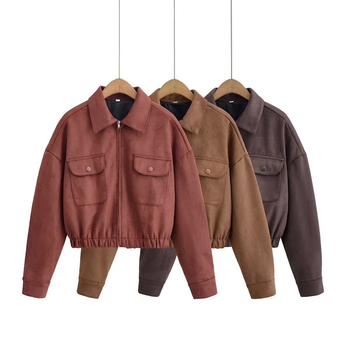 Veste Courte Effet Daim Zippée avec Poches