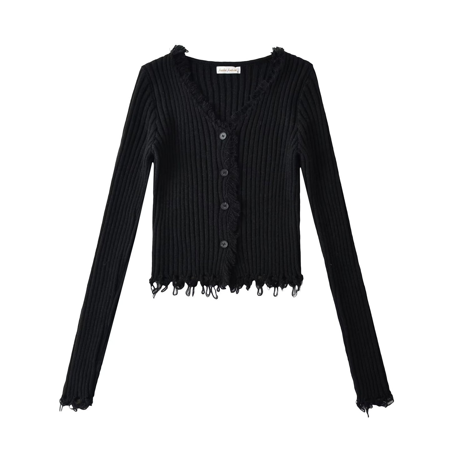 Cardigan Court Côtelé Noir à Décolleté V Distress