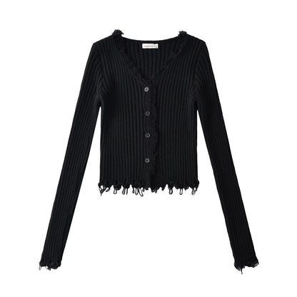 Cardigan Court Côtelé Noir à Décolleté V Distress