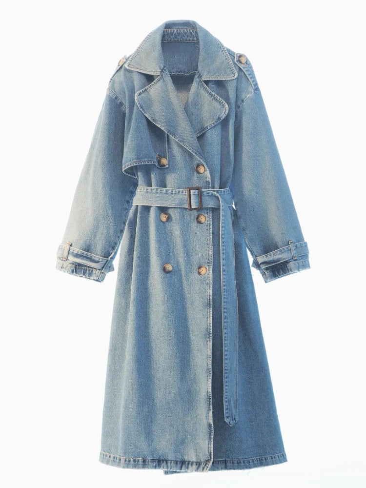 Trench Long en Denim Croisé avec Ceinture