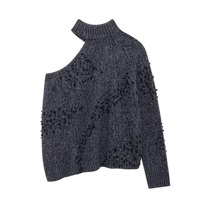 Pull Asymétrique Épaules Dénudées avec Perles