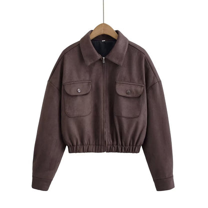 Veste Courte Effet Daim Zippée avec Poches