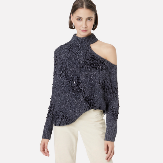 Pull Asymétrique Épaules Dénudées avec Perles™