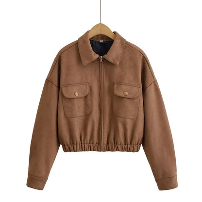 Veste Courte Effet Daim Zippée avec Poches