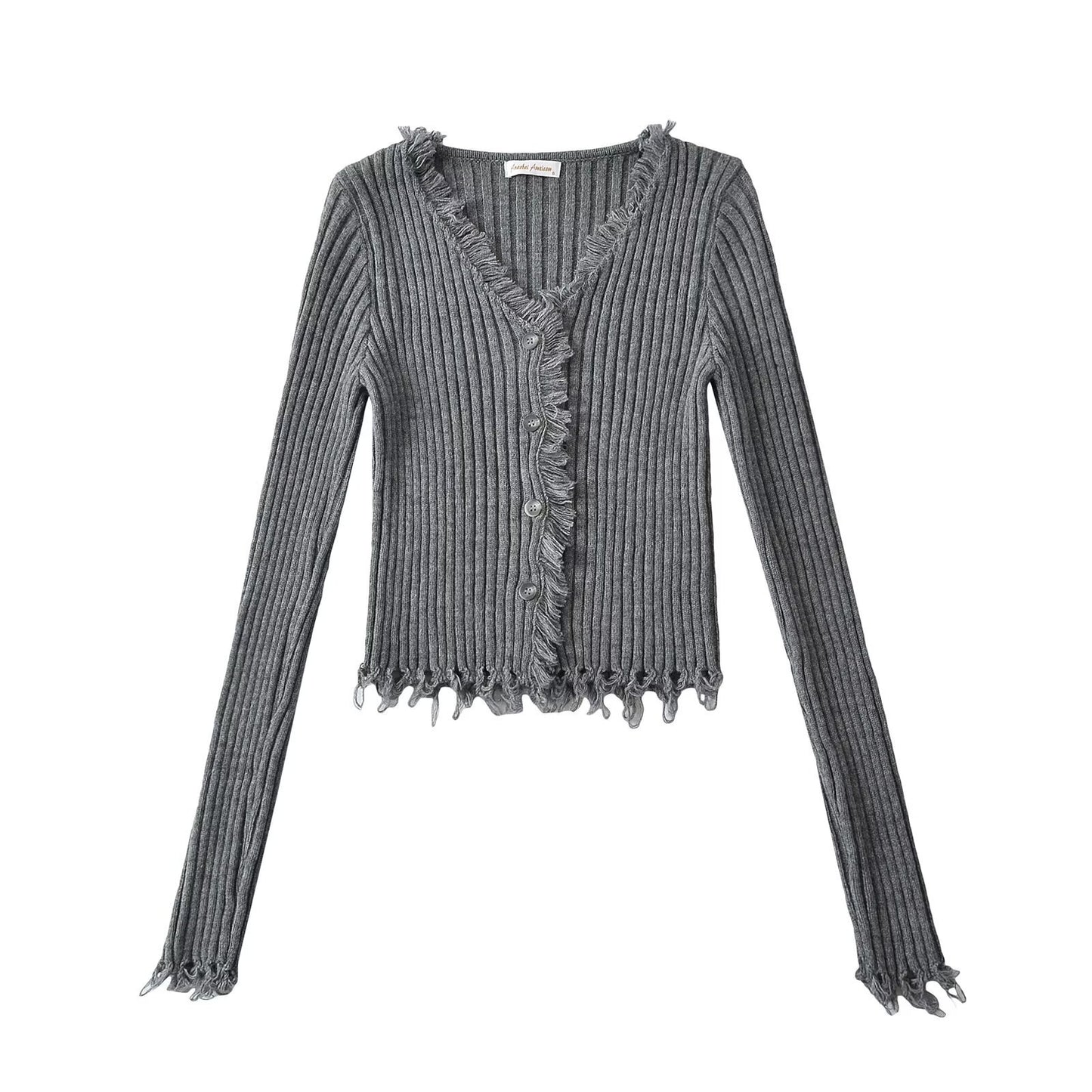 Cardigan Court Côtelé Noir à Décolleté V Distress