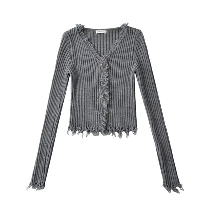 Cardigan Court Côtelé Noir à Décolleté V Distress