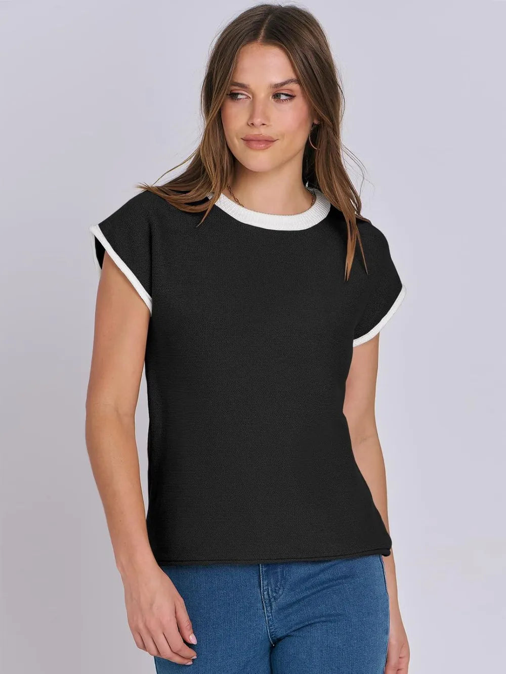 Top Maille Rayé Manches Cap avec Finitions Contrastées