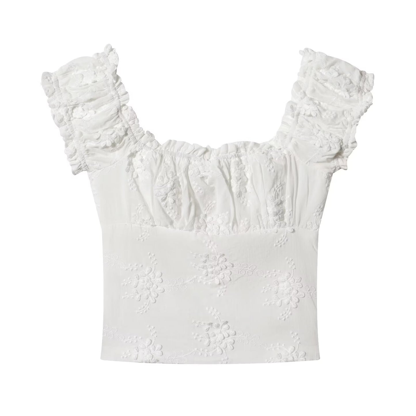 Top Court Milkmaid Blanc Brodé à Épaules Dénudées™