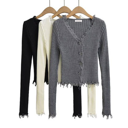 Cardigan Court Côtelé Noir à Décolleté V Distress