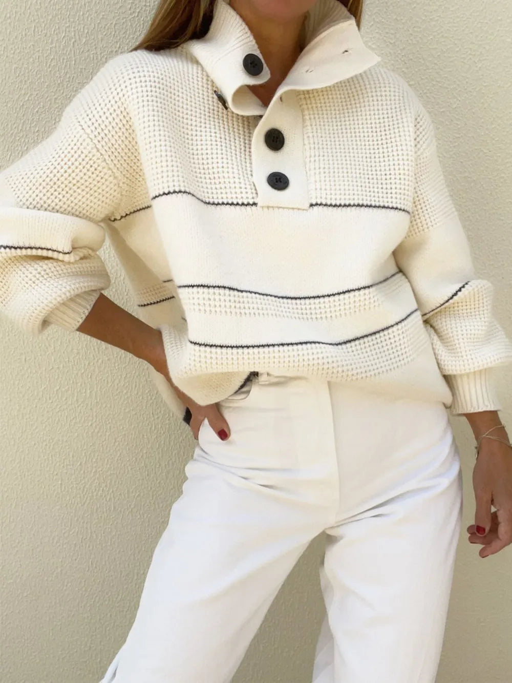 Pull Maille Gaufrée Col Polo Boutonné