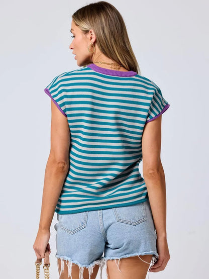 Top Maille Rayé Manches Cap avec Finitions Contrastées