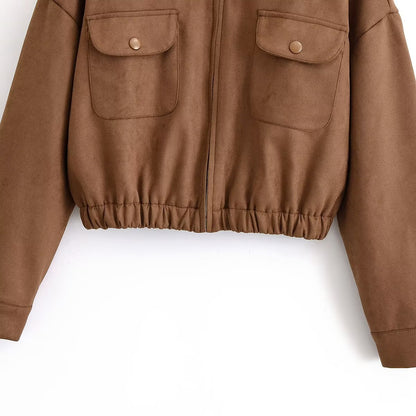 Veste Courte Effet Daim Zippée avec Poches