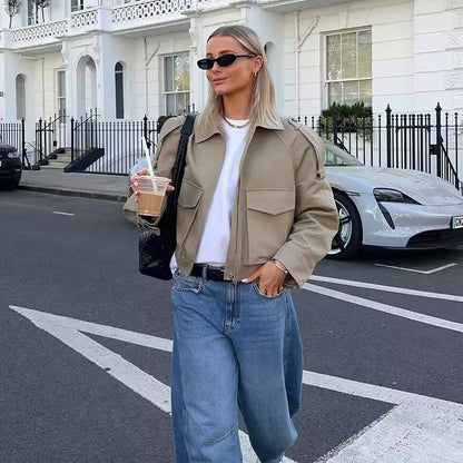 Veste Utility Courte Zippée à Poches Cargo