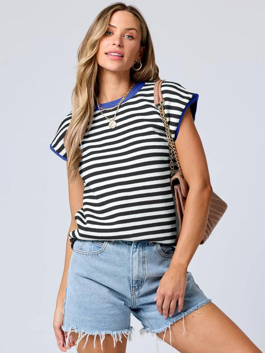 Top Maille Rayé Manches Cap avec Finitions Contrastées™