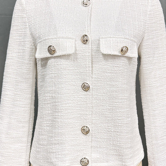 Élise Veste Tweed Femme Blanche Boutons Dorés