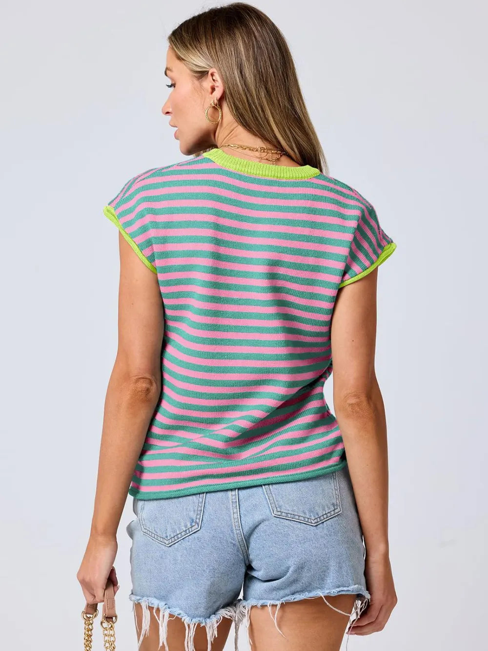 Top Maille Rayé Manches Cap avec Finitions Contrastées