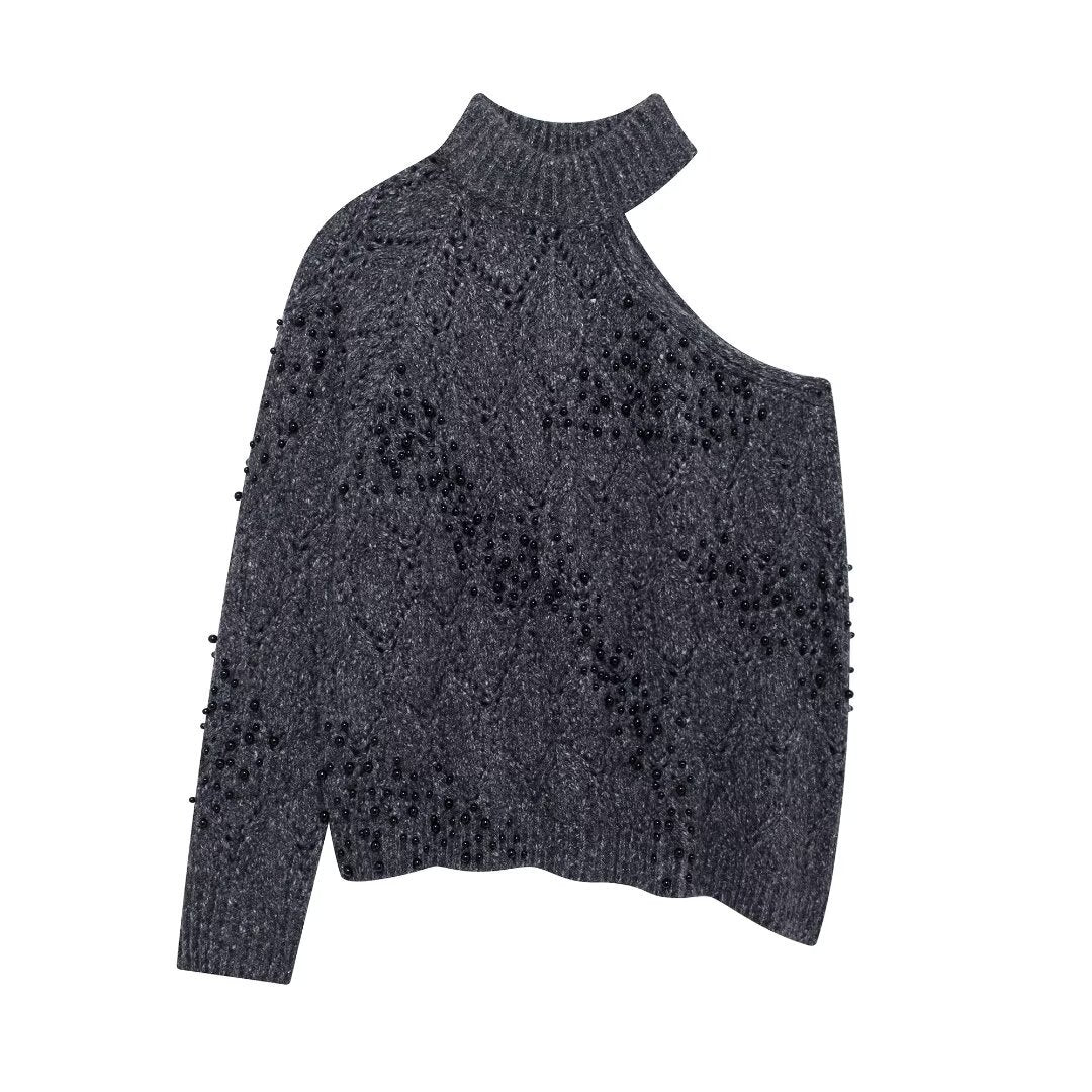 Pull Asymétrique Épaules Dénudées avec Perles