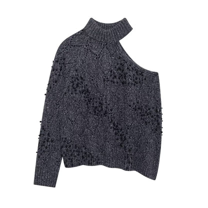 Pull Asymétrique Épaules Dénudées avec Perles