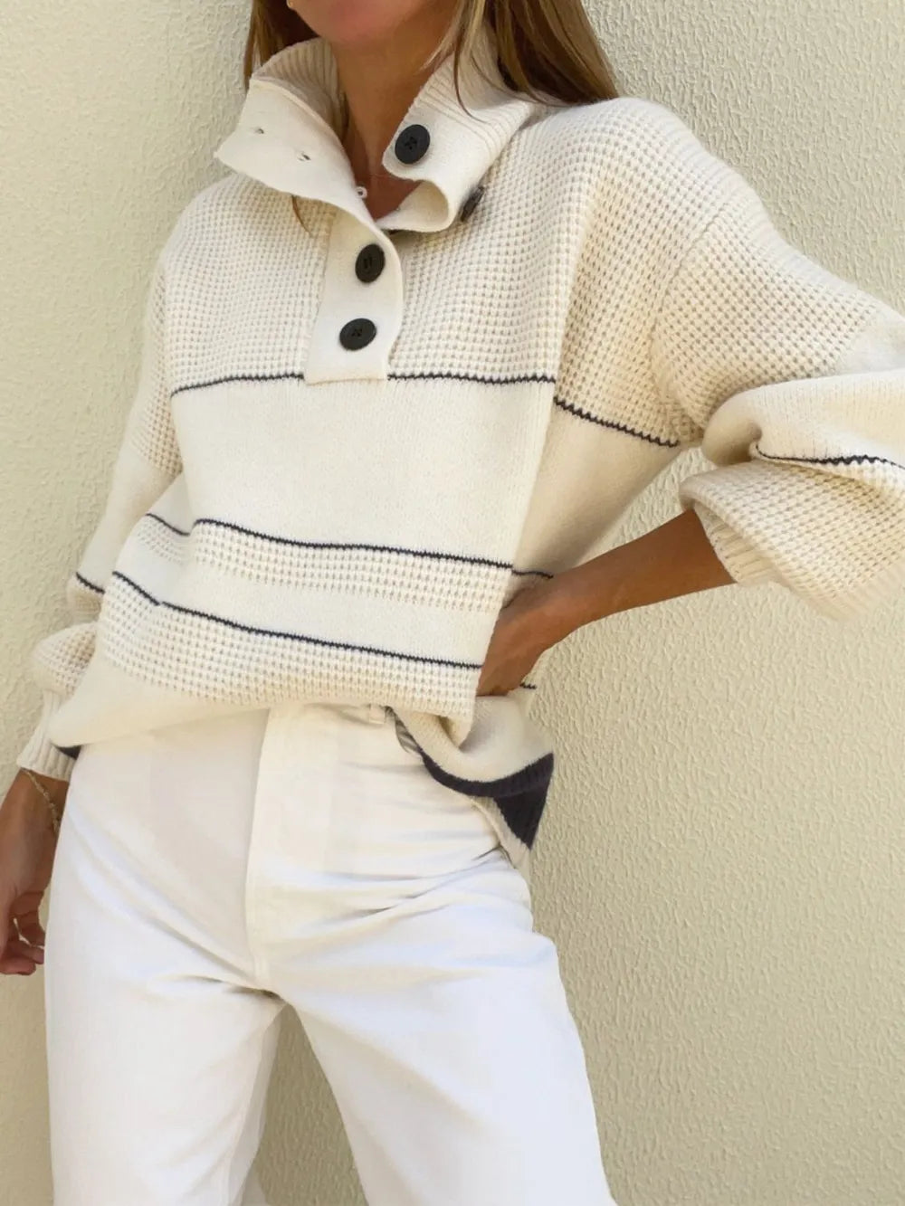 Pull Maille Gaufrée Col Polo Boutonné