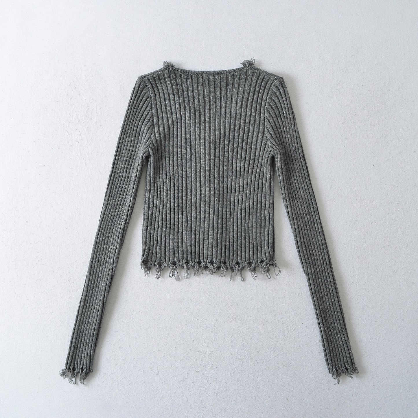 Cardigan Court Côtelé Noir à Décolleté V Distress