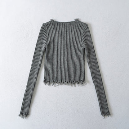Cardigan Court Côtelé Noir à Décolleté V Distress